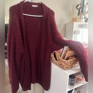 Burgundy Fuzzy Cardigan Cozy Soft Open Front Sweater
